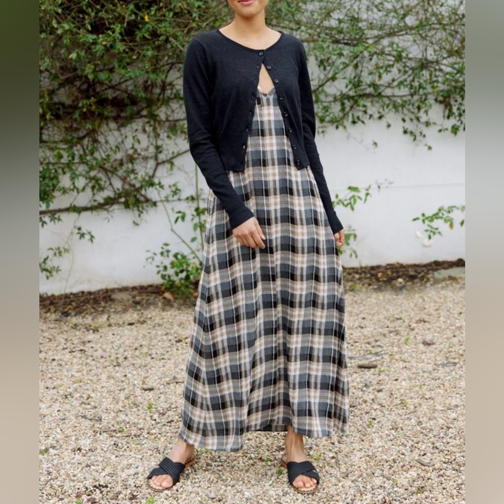 Jenni Kayne Winona Midi Slip Dress Black Gray Brown Plaid Gauze Cotton Summer S